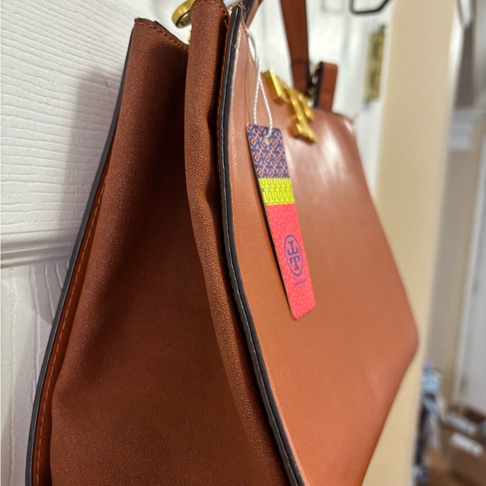 Tory Burch Eleanor Large Satchel Camel Italian Leather w Suede Gussets BNWT - Picture 4 of 16